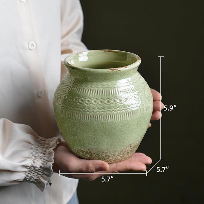 Quoowiit Ceramic Rustic Farmhouse Vase, Green Distressed Flower Vase for Home Decor, Boho Decorative Vases for Centerpiece Table Decorations, Vases for Living Room Kitchen Entryway Mantle Shelf Decor-VerdiqueGarden