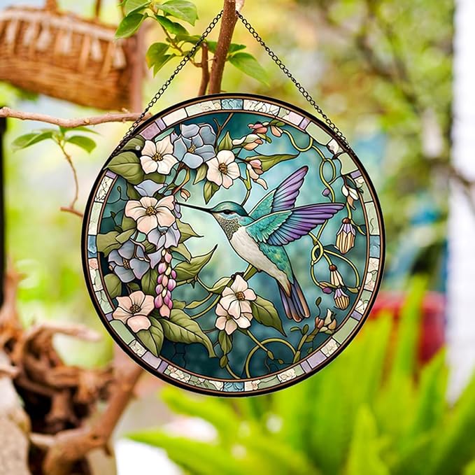 Hummingbirds and Flowers Pattern Stained Glass Suncatchers for Windows,Hanging Stained Glass Suncatcher,20cm/7.87inch Hand-Painted Sun Catcher Garden Painted Glass Panel Decor Themed Gift-VerdiqueGarden