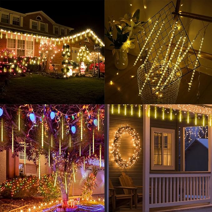 Christmas Lights Outdoor, Meteor Shower Lights Falling Star Lights 16 inch 8 Tubes 256 LED Icicle Snow Falling Lights Raindrop Lights for Xmas Tree Holiday Party Decoration, UL Plug, Warm White-VerdiqueGarden