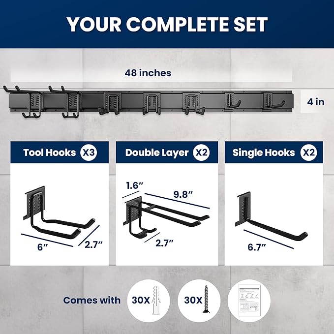 48'' All-Metal Garage Tool Organizer Wall Mount – Heavy-Duty Tool Rack Holds 450 lbs, Adjustable Hooks for Garage, Yard, and Garden Equipment-VerdiqueGarden