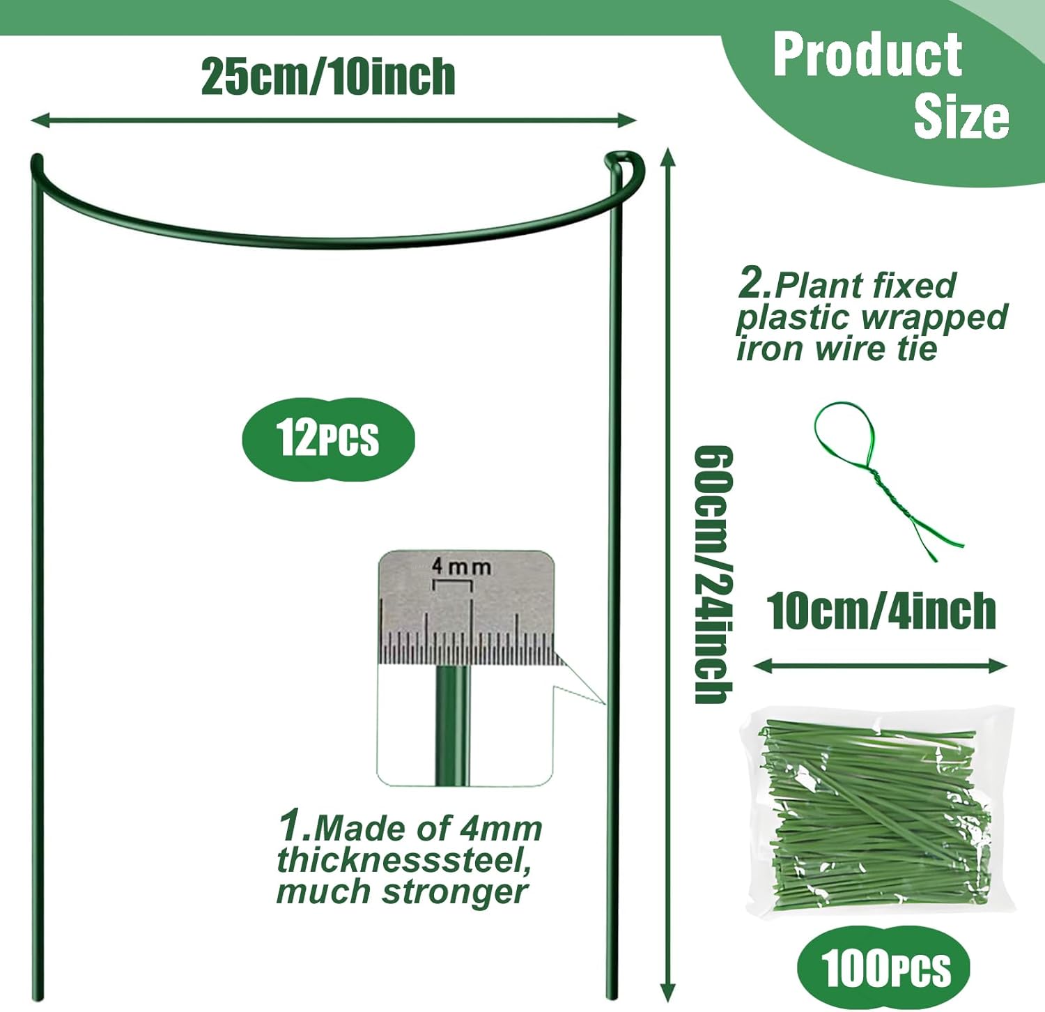 12 Pack Tall Snake Plant Support Stakes, 10" W x 24" H Half Round Peony Cages and Supports for Indoor and Outdoor Plants, Plant Cage Ring Support for Flower,Hydrangea, Peony, Tomato, Rose Bush-VerdiqueGarden