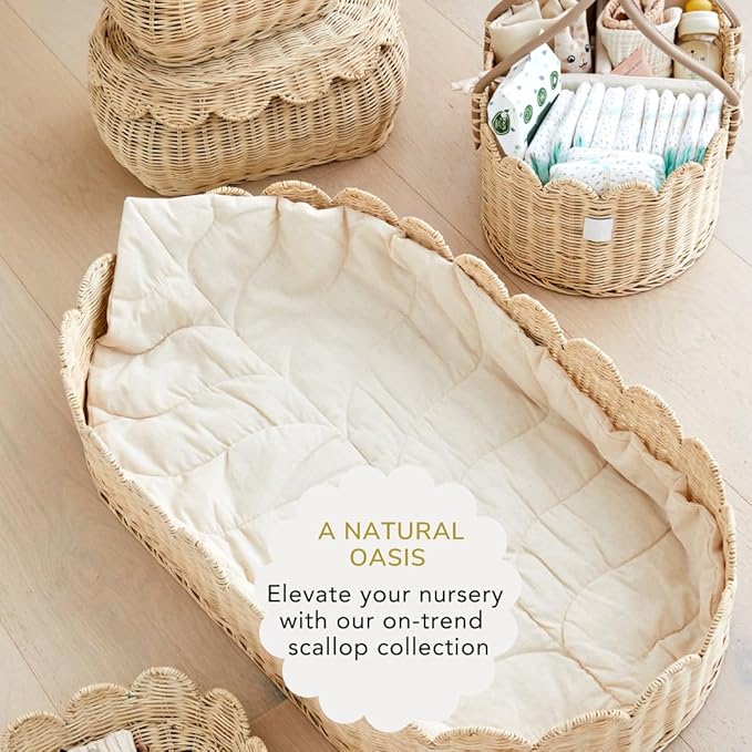 BEBE BASK The Original Scalloped Basket Set Of 2 – Small Scallop Basket - 15 x 10 x 6 In - Hand-Woven & Award-Winning - Elegant Wicker With Scalloped Edge Lid - Nursery Storage - (Natural)-VerdiqueGarden