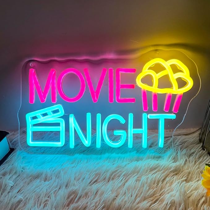 Movie Night Neon Sign With Popcorn Dimmable LED Neon Lights for Wall Decor USB Powered Light Up Signs for Bedroom Living Room Cinema Film Room Man Cave Home Bar Wedding Birthday Party-VerdiqueGarden
