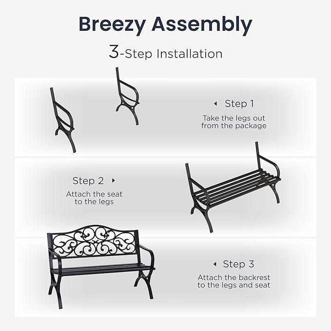 PHI VILLA 50-Inch Cast Iron Steel Frame Garden Bench Outdoor Patio Bench Chair w/Floral Design Backrest, Slatted Seat for Park, Yard & Porch, Black-VerdiqueGarden