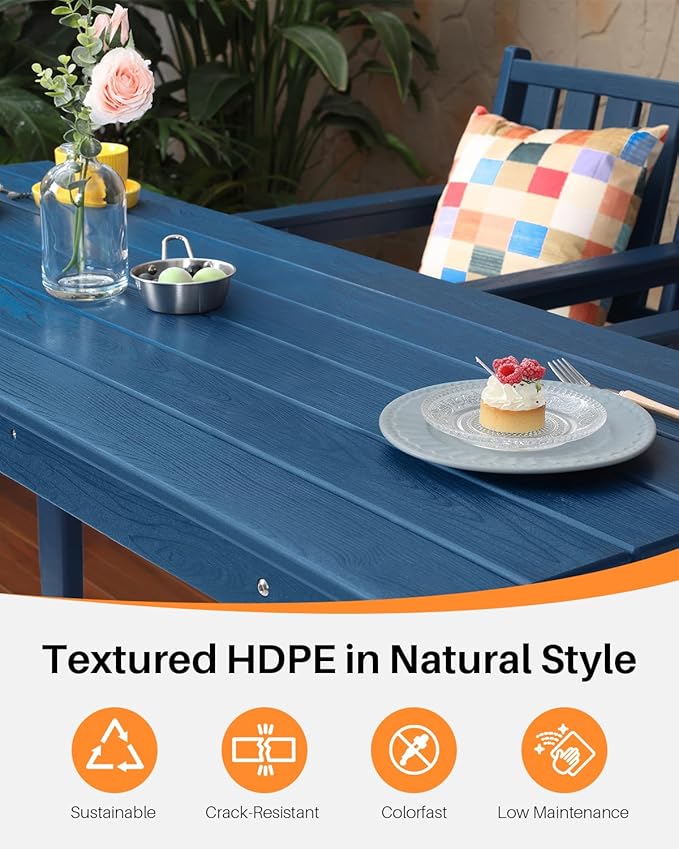 3 Pieces HDPE Outdoor Patio Bar Set, Rectangular Outdoor Bar Height Table and Chairs Set, Adirondack Patio Bar Stools Set, Outdoor Bar Table and Chairs Set for Balcony, Poolside, Porch, Navy-VerdiqueGarden