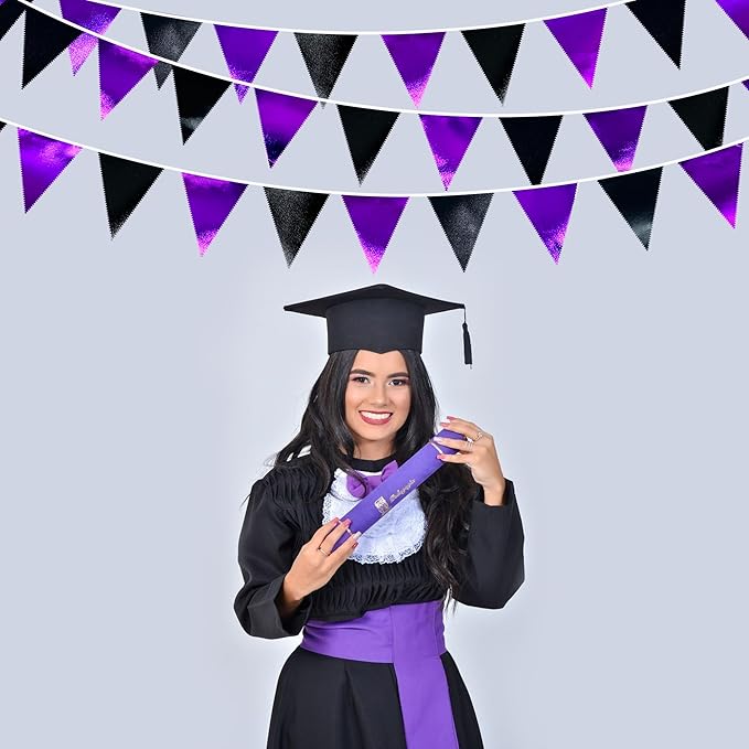Purple and Black Party Decorations Metallic Fabric Triangle Pennant Banner Flag Bunting Garland for Graduations Birthday Retirement Wedding Baby Shower Bachelorette Halloween Outdoor Party Supplies-VerdiqueGarden