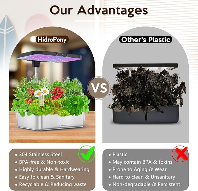 Hydroponics Growing System Herb Garden - HidroPony 15 Pods Indoor Gardening System with Grow Light, Stainless Steel Plants Germination Kit with Quiet Pump System, Gardening Gifts for Women-VerdiqueGarden