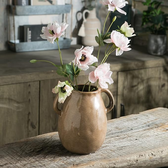 Brown Ceramic Vase with 2 Handles, Modern Farmhouse Decor, Rustic Terracotta Pottery, Decorative Flower Vases, Clay Small Vase, Centerpiece for Dining Table - 7 Inch Tall-VerdiqueGarden