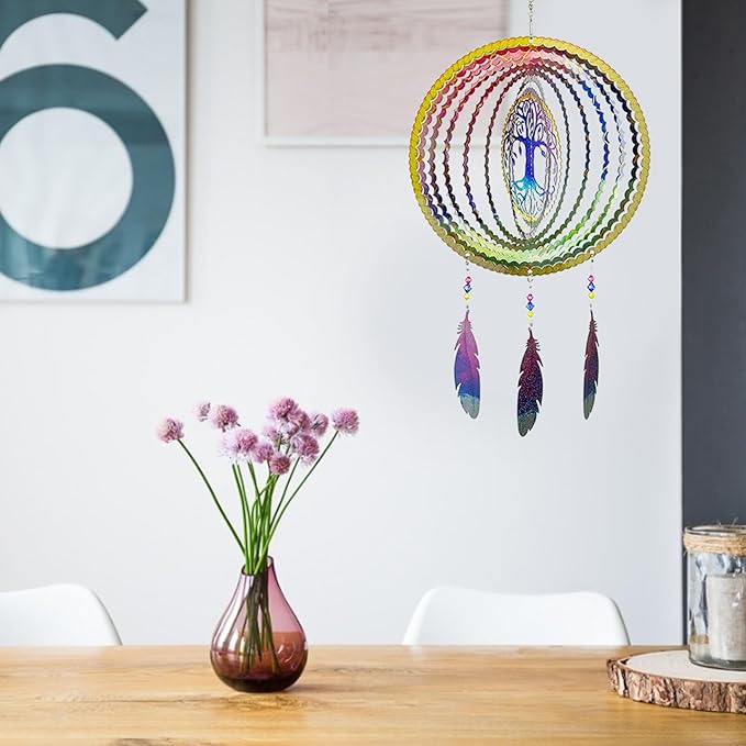VP Home Tree of Life Dreamcatcher with Feathers Kinetic Wind Spinners - Native American Garden Decor - Sculpture Spinner for Yard and Garden Outdoor - Metal Large Hanging Dreamcatcher - 10"W x 16.5"H-VerdiqueGarden
