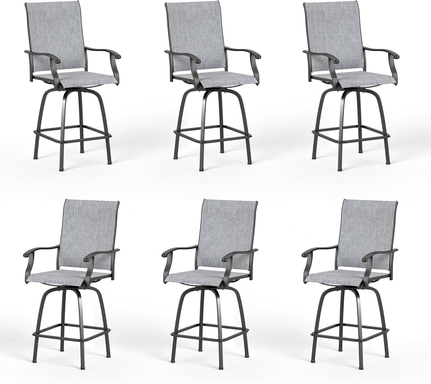 PHI VILLA Outdoor Swivel Patio Bar Stools Set of 6, 30 Inch Bar Height Tall Patio Chairs with Back & Armrest, Durable Textilene Fabric in Grey for Deck Lawn Garden-VerdiqueGarden