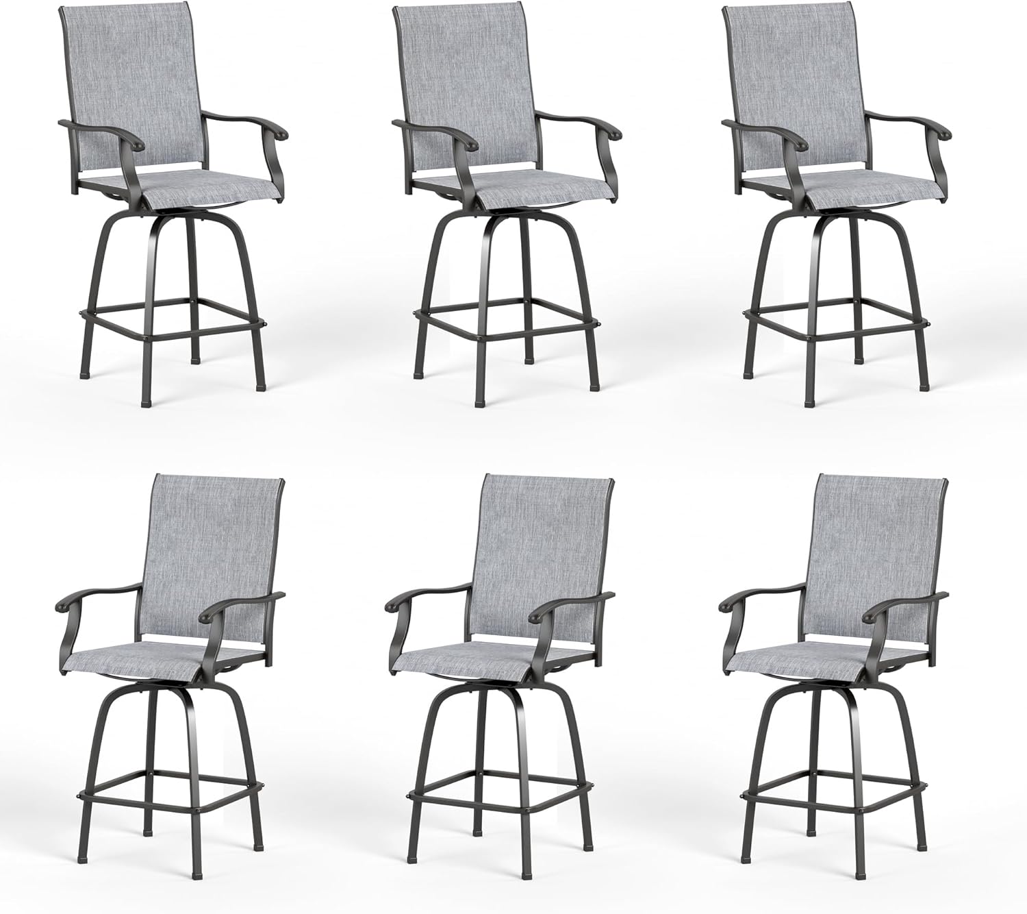 PHI VILLA Outdoor Swivel Patio Bar Stools Set of 6, 30 Inch Bar Height Tall Patio Chairs with Back & Armrest, Durable Textilene Fabric in Grey for Deck Lawn Garden-VerdiqueGarden