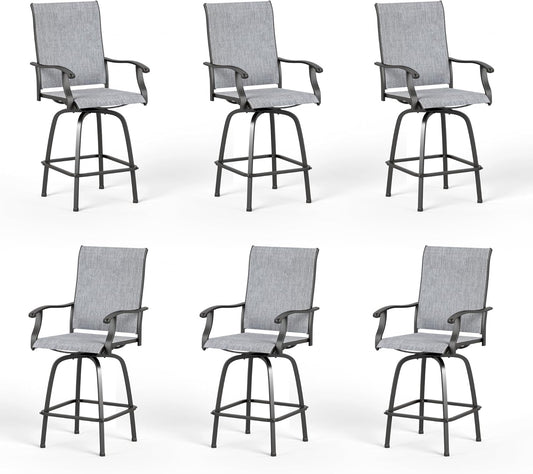 PHI VILLA Outdoor Swivel Patio Bar Stools Set of 6, 30 Inch Bar Height Tall Patio Chairs with Back & Armrest, Durable Textilene Fabric in Grey for Deck Lawn Garden-VerdiqueGarden