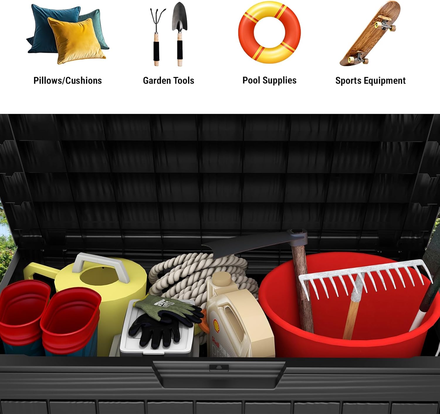 Mars Villa 45 Gallon Outdoor Storage Box, Resin Deck Box Waterproof, Storage Chest for Outside Patio Furniture Cushions, Pool Supplies, Garden Tools, UV Resistant and Weatherproof, Black-VerdiqueGarden