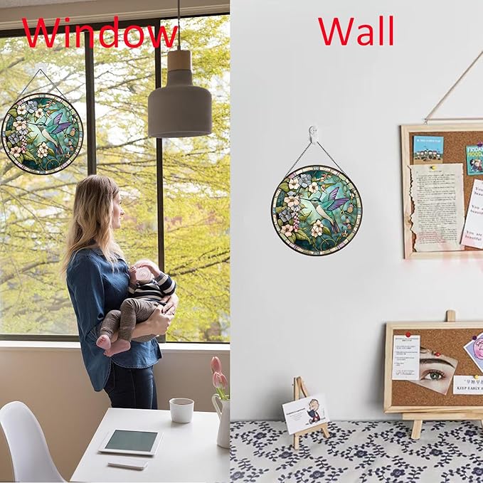 Hummingbirds and Flowers Pattern Stained Glass Suncatchers for Windows,Hanging Stained Glass Suncatcher,20cm/7.87inch Hand-Painted Sun Catcher Garden Painted Glass Panel Decor Themed Gift-VerdiqueGarden