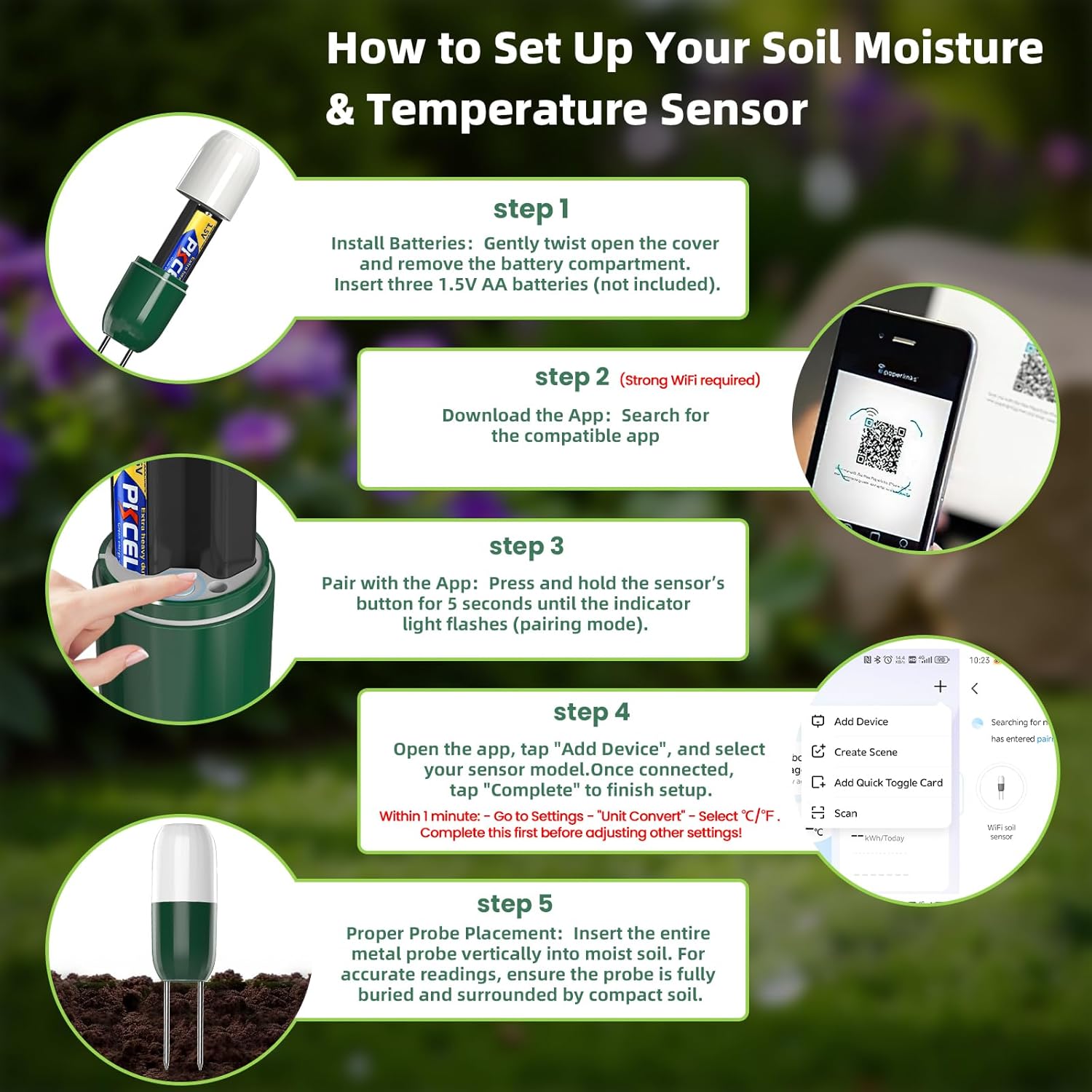 Smart WiFi Soil Moisture & Temperature Sensor - Hub-Free Soil Meters for Lawn, Garden, Greenhouse, Real-Time App Alerts, IP67 Waterproof, Works with Automatic Watering Systems,Gardening Gift-VerdiqueGarden