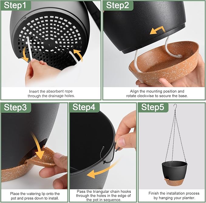 10/9/8 Inch Hanging Planter for Indoor Outdoor Plants, 3 Pack Self-Watering Hanging Pot with Drainage Holes Hanging Planter Baskets Plant Pots with Removable Tray (Black+Brown)-VerdiqueGarden