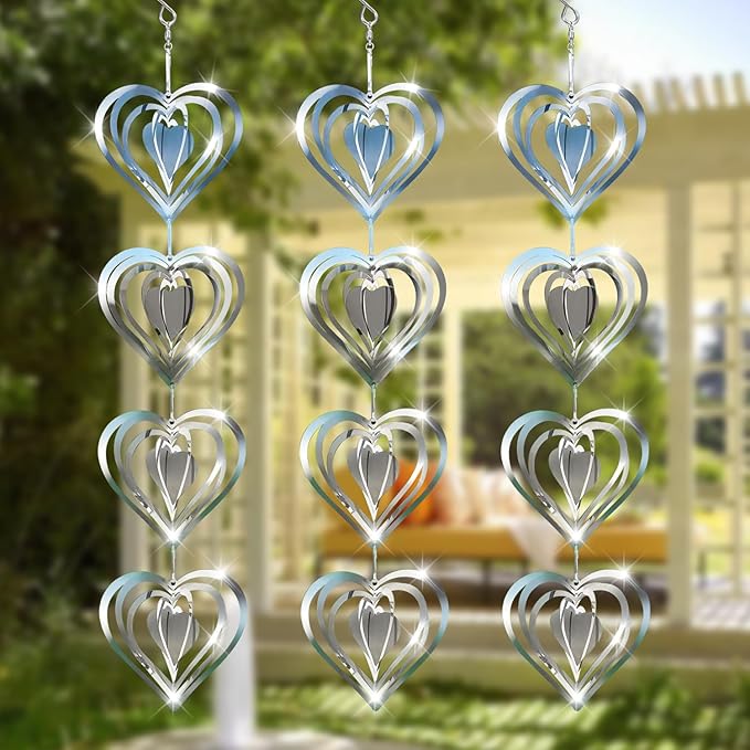 12 Metal Heart Bird Scarer Discs Set, Wind Spinners 3D Helix Reflector Stainless Steel Sparkly Outdoor Garden Decor, Scare Birds & Animals Away from Garden Yard Patio Lawn Farm Wind Sculpture Gifts-VerdiqueGarden