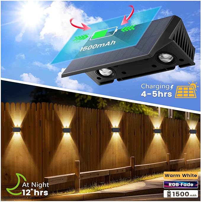 Fence Lights Solar Powered, 6-Pack Solar Fence Lights Up/Down Flexible Buttons, IP67 Waterproof for Outdoor, 120LM Bright, Auto Dusk to Dawn for Wall/Stairs/Yard/Railing/Deck/Pathway (White & RGB)-VerdiqueGarden