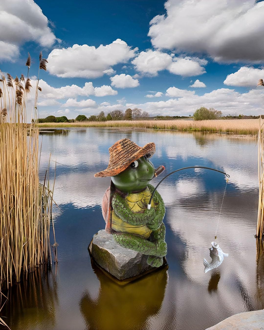 9.5" Turtle Fishing Statues- Whimsical Stone Look Lawn Yard Art, Funny Garden Pond Fisherman Sculpture, Resin Animal Decor, Ideal for Garden Enthusiasts & Turtle Fishing Lovers-VerdiqueGarden