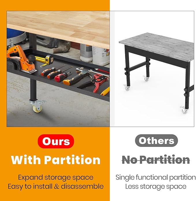 48"/60'' Adjustable Workbench, Rubber Wood Top Work Bench Heavy-Duty Work Table with Power Outlet, Wheels, Partition 2000 LBS Load Capacity Hardwood Work Benches for Garage, Workshop, Home, Office-VerdiqueGarden
