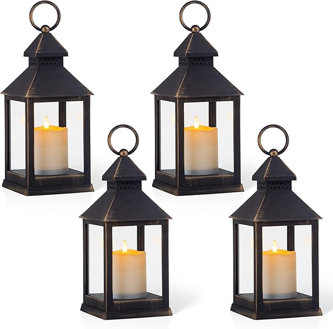 Vintage Golden Brushed Black Lantern Decorative LED Flickering Flameless Candle with Timer, Battery Powered LED Decorative Hanging Lanterns for Indoor Outdoor Garden Yard Home Decor(4 Pack)-VerdiqueGarden