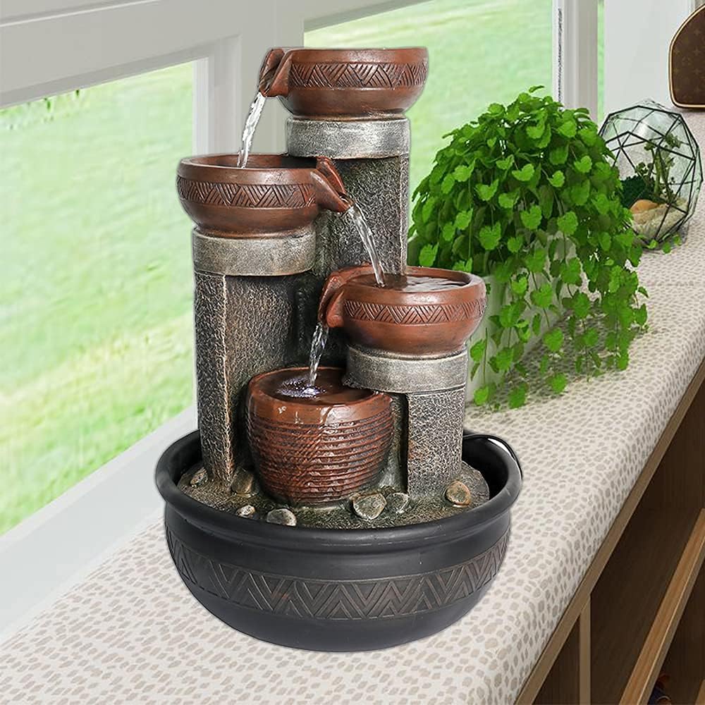 15.7" H 4-Tier Indoor Tabletop Waterfall Fountain with LED Lights Desktop Fountains Calming Sound for Home Office Decor (15.7ihch)-VerdiqueGarden