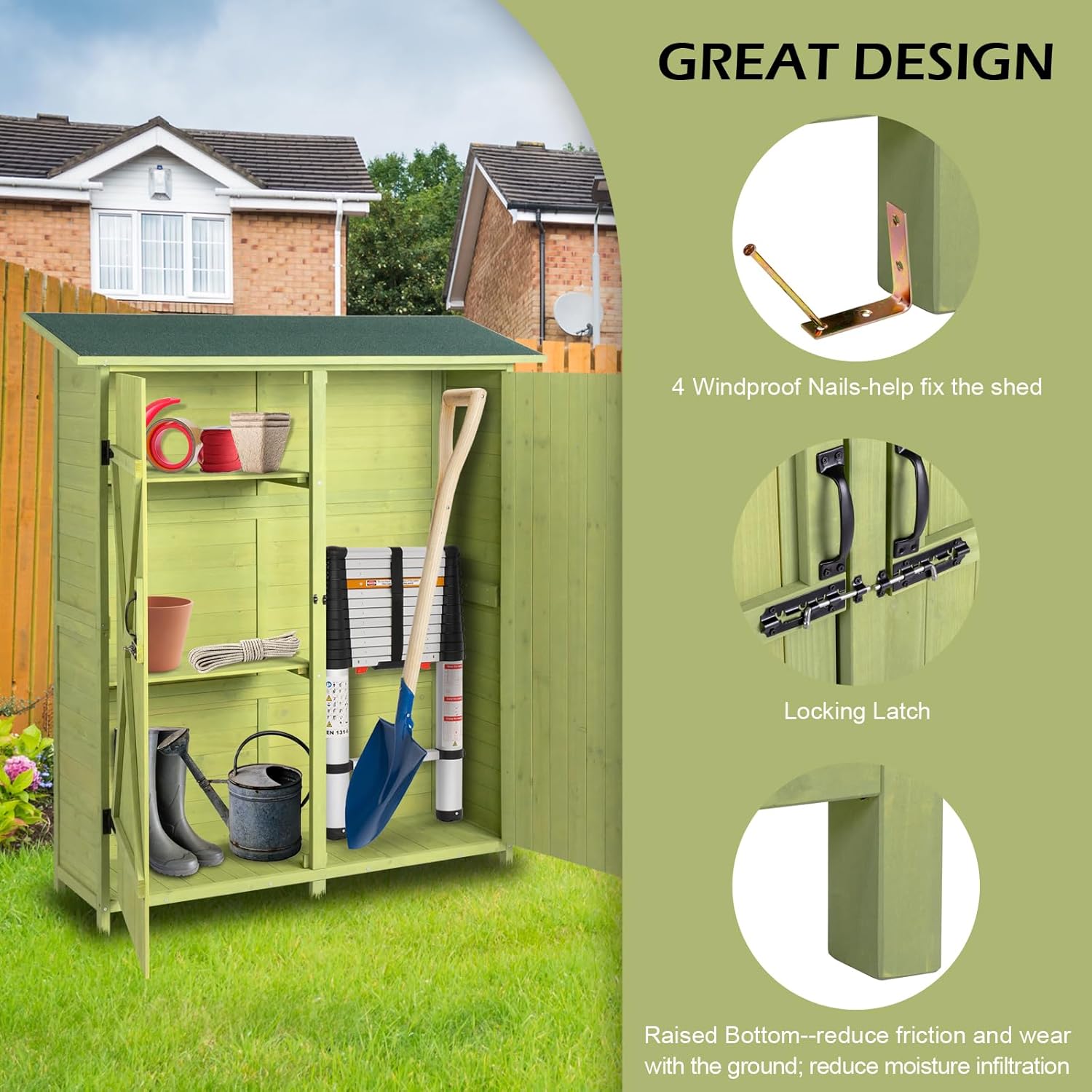 Outvita Outdoor Storage Cabinet with Waterproof Roof, Double Lockable Doors Garden Shed with 2 Removable Shelves, Wooden Storage Shed with Large Storage Space for Yard Garge Patio Deck Porch（Green）-VerdiqueGarden