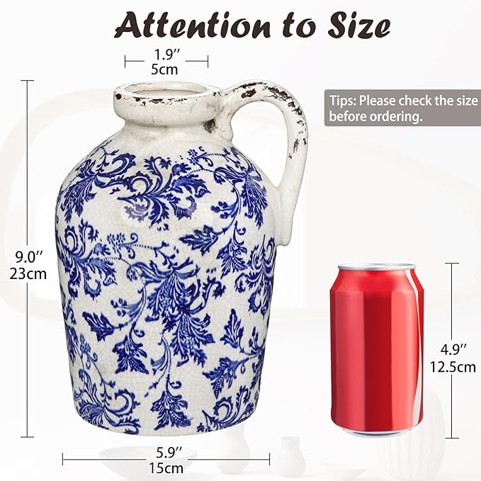 Ceramic Rustic Farmhouse Vase, 9 inch Ceramic Blue and White Vase for Centerpieces Pampas Grass Pottery Jug with Handle Boho Chinoiserie Decor Vintage Vases for Living Room Kitchen Dinner Table Shelf-VerdiqueGarden