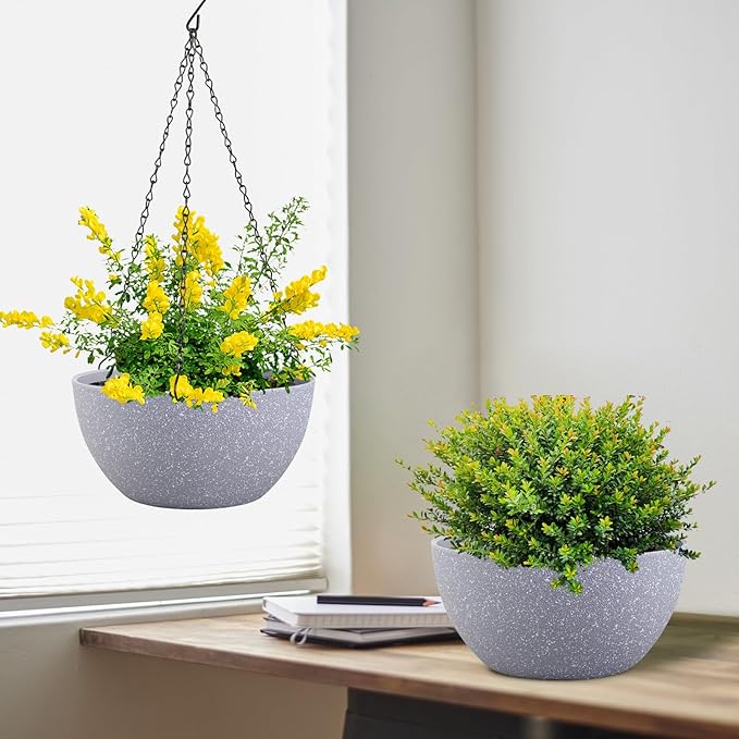 10 inch Hanging Planters for Indoor Outdoor Plants, 2 Pack Hanging Flower Pots with Drainage Holes and Chain for Garden Porch, Plastic Hanging Baskets for House Plants, Speckled Grey-VerdiqueGarden