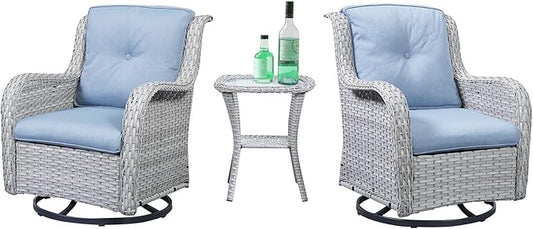 Outdoor Swivel Rocker Patio Chairs Set of 3, High Back Swivel Patio Chairs Wicker Furniture Set, 2 PCS Rattan Swivel Rocking Chair with Side Table, Light Grey Wicker-VerdiqueGarden