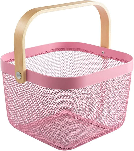 Metal Mesh Steel Basket, Storage Organizer Basket Multi-functional Hanging Kitchen Baskets Fruit Basket Bin with Bamboo Handle for Kitchen Bathroom Picnic Shopping Decor Cabinet Home, Pink-VerdiqueGarden