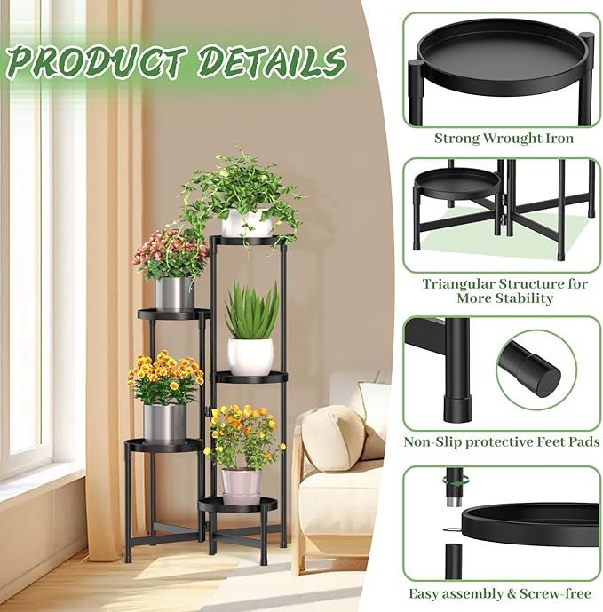 MOKANI Metal Plant Stand Indoor Outdoor for Multiple Plants, 5 Tiered Folding Corner Shelf Tall Flower Pot Holder Display Rack for Patio Living Room Balcony Garden, Black-VerdiqueGarden