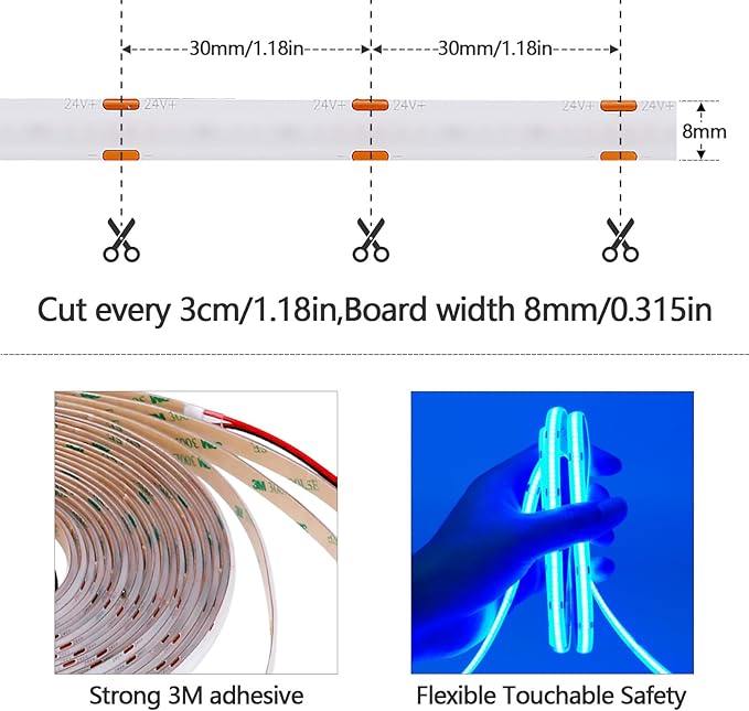 32.8ft(10M) DC 24V Blue COB LED Strip Light IP65 Waterproof 3840LEDs Uniform Glow Dotless Flexible LED Tape Lights for DIY Garden Backyard Hallways Stairs Decoration(No Power Supply)-VerdiqueGarden