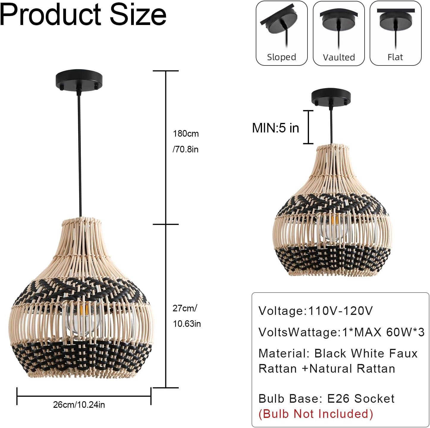 3-Pack Fax Rattan Pendant Light Fixture Mini Hand-Woven Black White Rattan Chandelier 10.24" Boho Wicker Hanging Lamp for Dining Living Bedroom Kitchen Farmhouse-VerdiqueGarden