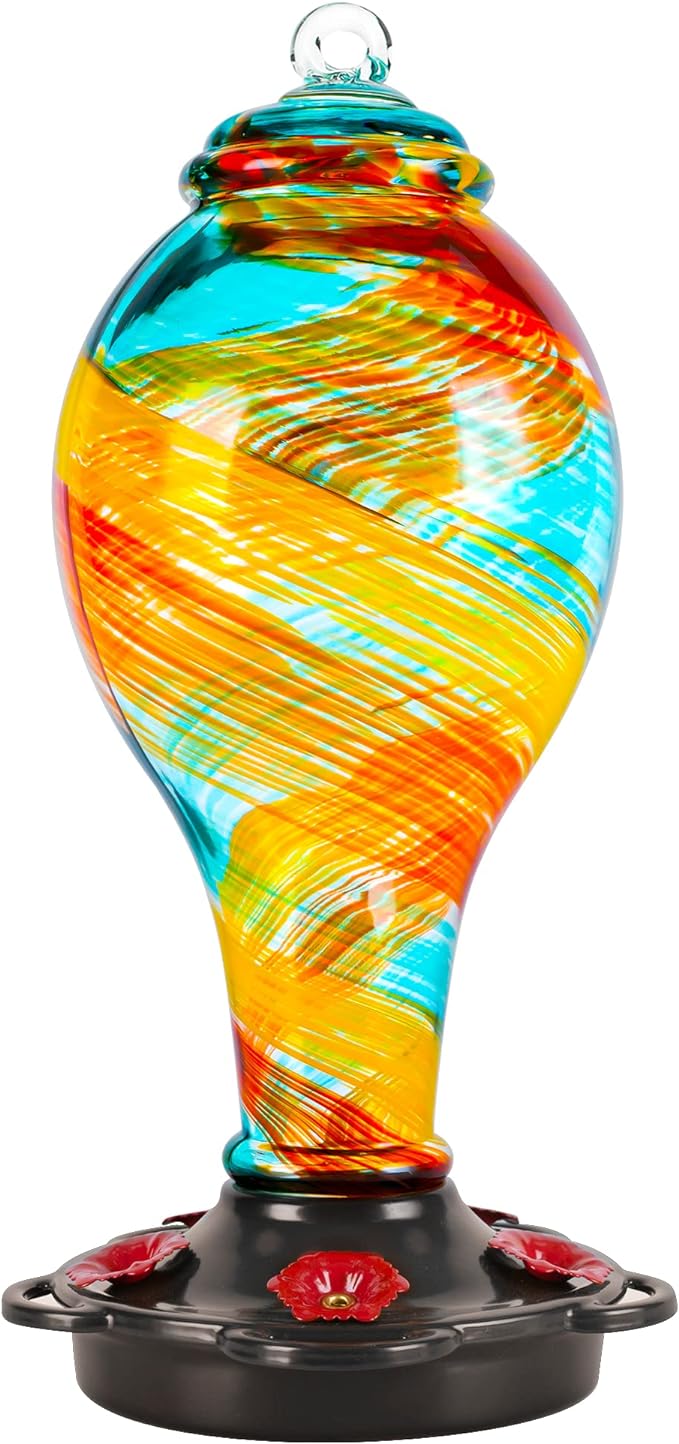 LUJII Hand Blown Glass Hummingbird Feeder for Outdoors Hanging with Ant Moat, 36 fl.oz, Leak Proof & Rustproof, Metal Base with 5 Feeding Ports & 5 Perches, Unique Garden & Backyard Decor (Ribbon)-VerdiqueGarden