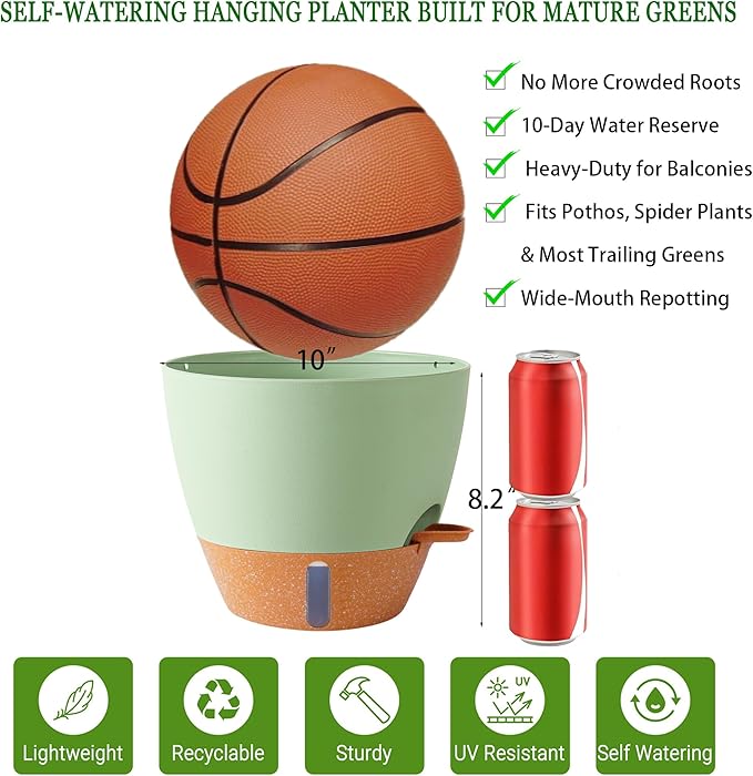 10 Inch Hanging Planters for Indoor Plants, 2 Pack Self Watering Hanging Baskets Flower Pots with Drainage Hole, Visual Reservoir & 2 Kinds of Plant Hanger for Outdoor Garden Home Decor-VerdiqueGarden