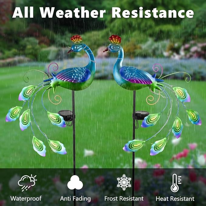 DREAMSOUL 2 Pack Peacock Solar Lights Outdoor Waterproof, Metal Outdoor Solar Lights for Yard Garden Peacock Decor-VerdiqueGarden