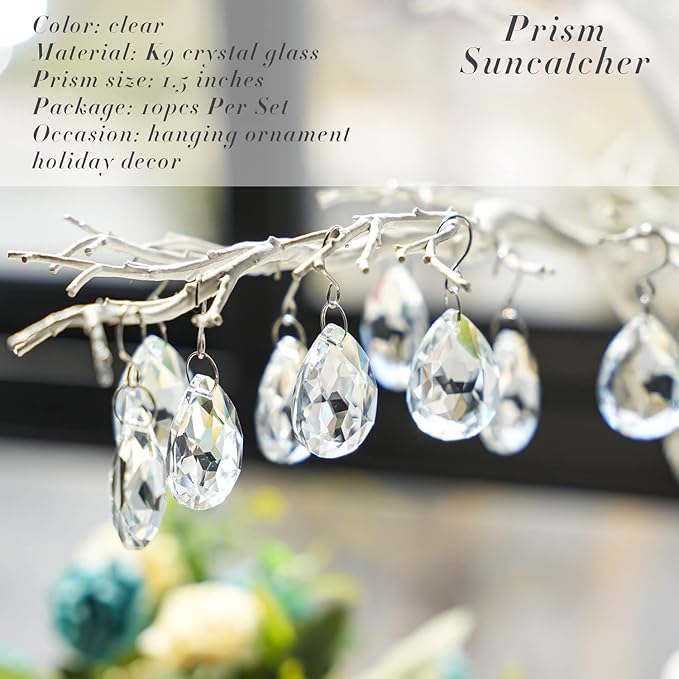 10pcs 38mm Clear Crystal Teardrops Chandelier Parts,Chandelier Crystal Prisms Pendants with Hook,Hanging Crystals for Lamp Window Christmas Tree Decoration Suncatcher-VerdiqueGarden