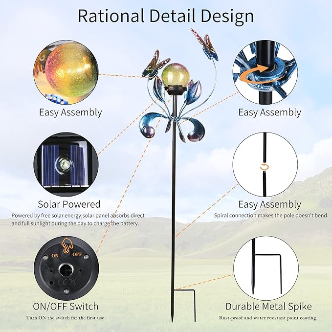 VCUTEKA Solar Lights Outdoor Metal Garden Stake Waterproof Crackle Glass Globe Garden Decor Butterfly for Pathway, Lawn, Patio, Yard-VerdiqueGarden