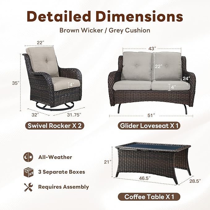 4 Piece Patio Furniture Set - Outdoor Glider Bench with Swivel Rocker Chairs and Coffee Table, High Back Small Outdoor Conversation Furniture Sets for Deck Sunroom Balcony Backyard-VerdiqueGarden