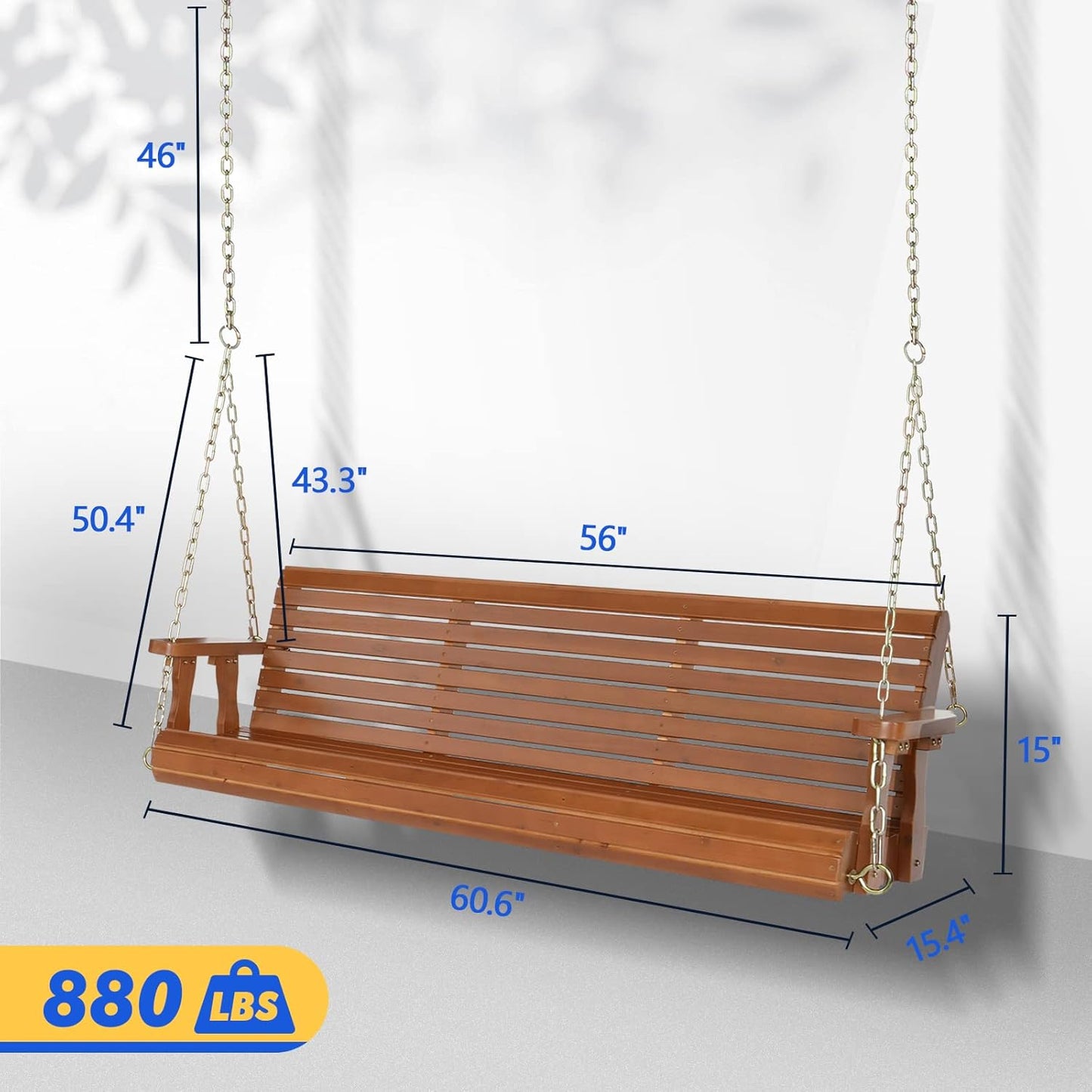 VINGLI Upgraded Patio Wooden Porch Swing for Courtyard & Garden, Heavy Duty 880 LBS Swing Chair Bench with Hanging Chains for Outdoors (Brown, 5 FT)-VerdiqueGarden