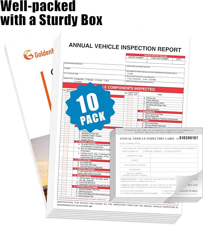Goldenfox DOT Inspection Forms and Stickers. 10-Pack,3-Ply Carbonless Annual Vehicle Inspection Report Form(8.5" x 11.75") with 2-Ply Vinyl White Interior Inspection Label(5"x4")-VerdiqueGarden