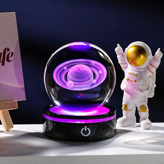 YWHL 3D Crystal Ball with LED Light Base, 3D Laser Engraved Glass Sphere Galaxy Crystal Ball for Home Decorations, Planet Saturn Lamp Gifts for Mother's Day Birthday Christmas (80mm)-VerdiqueGarden