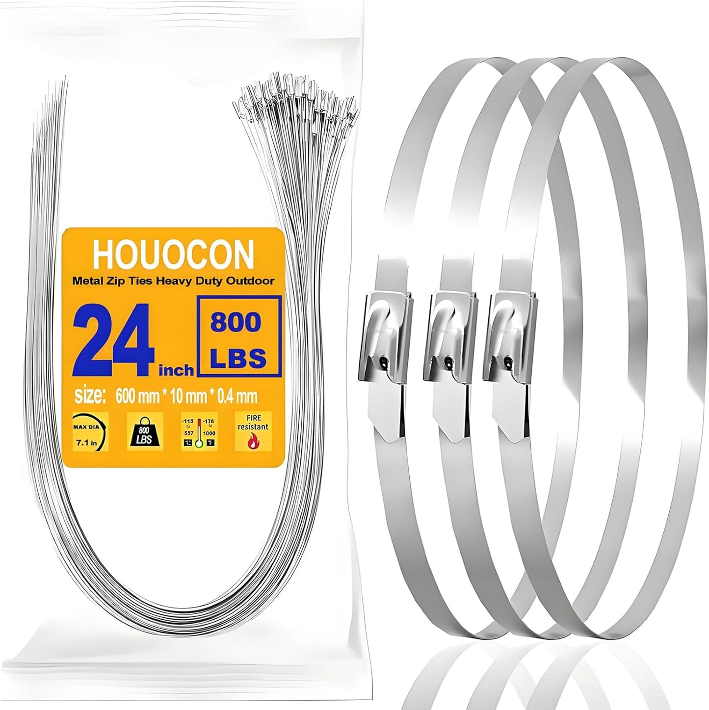 Metal Zip Ties Heavy Duty Outdoor, 800 Lbs 24 Inch Stainless Steel Zip Ties, 40 Pcs Self-Locking Metal Cable Ties, Strength, Ideal for Exhaust Wrap, Cables, Farms, Pipes, Roofs and Outdoor Fence-VerdiqueGarden