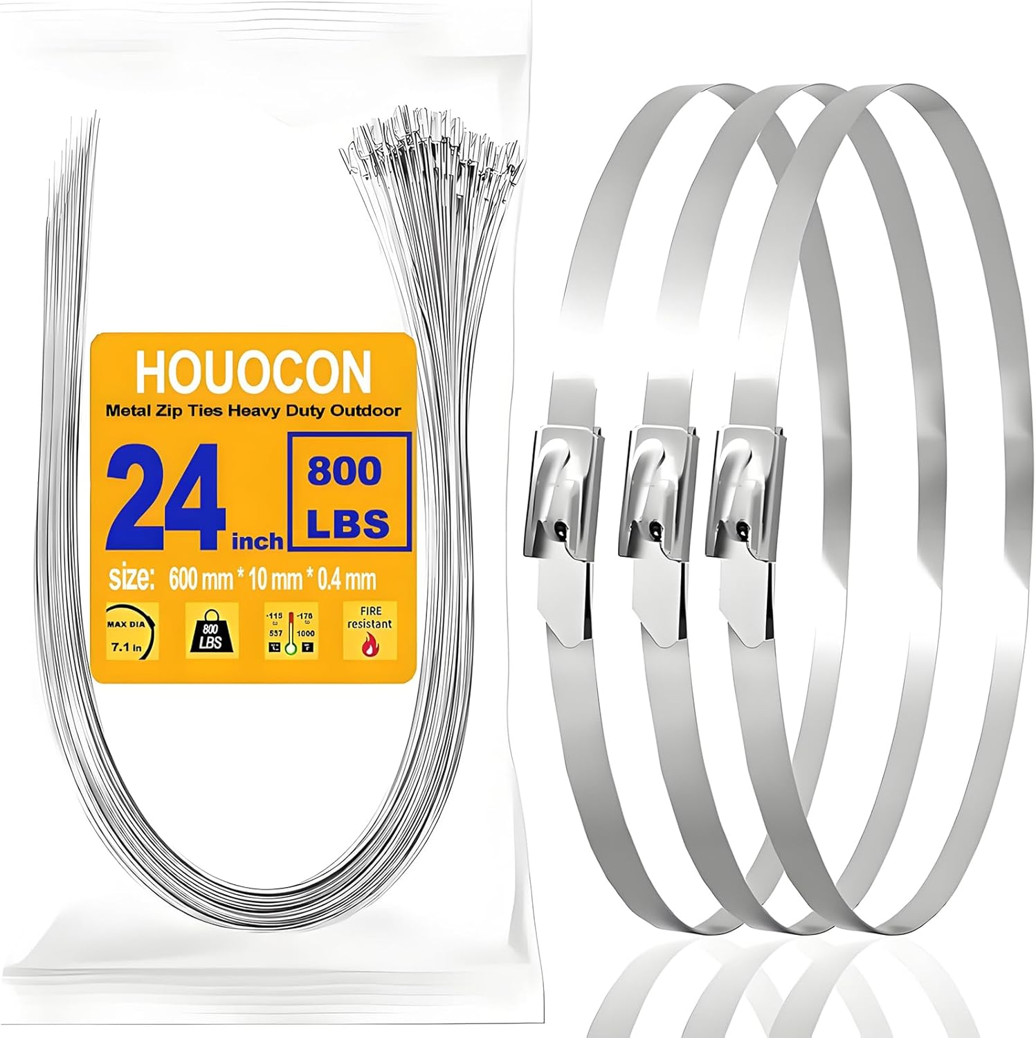 Metal Zip Ties Heavy Duty Outdoor, 800 Lbs 24 Inch Stainless Steel Zip Ties, 40 Pcs Self-Locking Metal Cable Ties, Strength, Ideal for Exhaust Wrap, Cables, Farms, Pipes, Roofs and Outdoor Fence-VerdiqueGarden