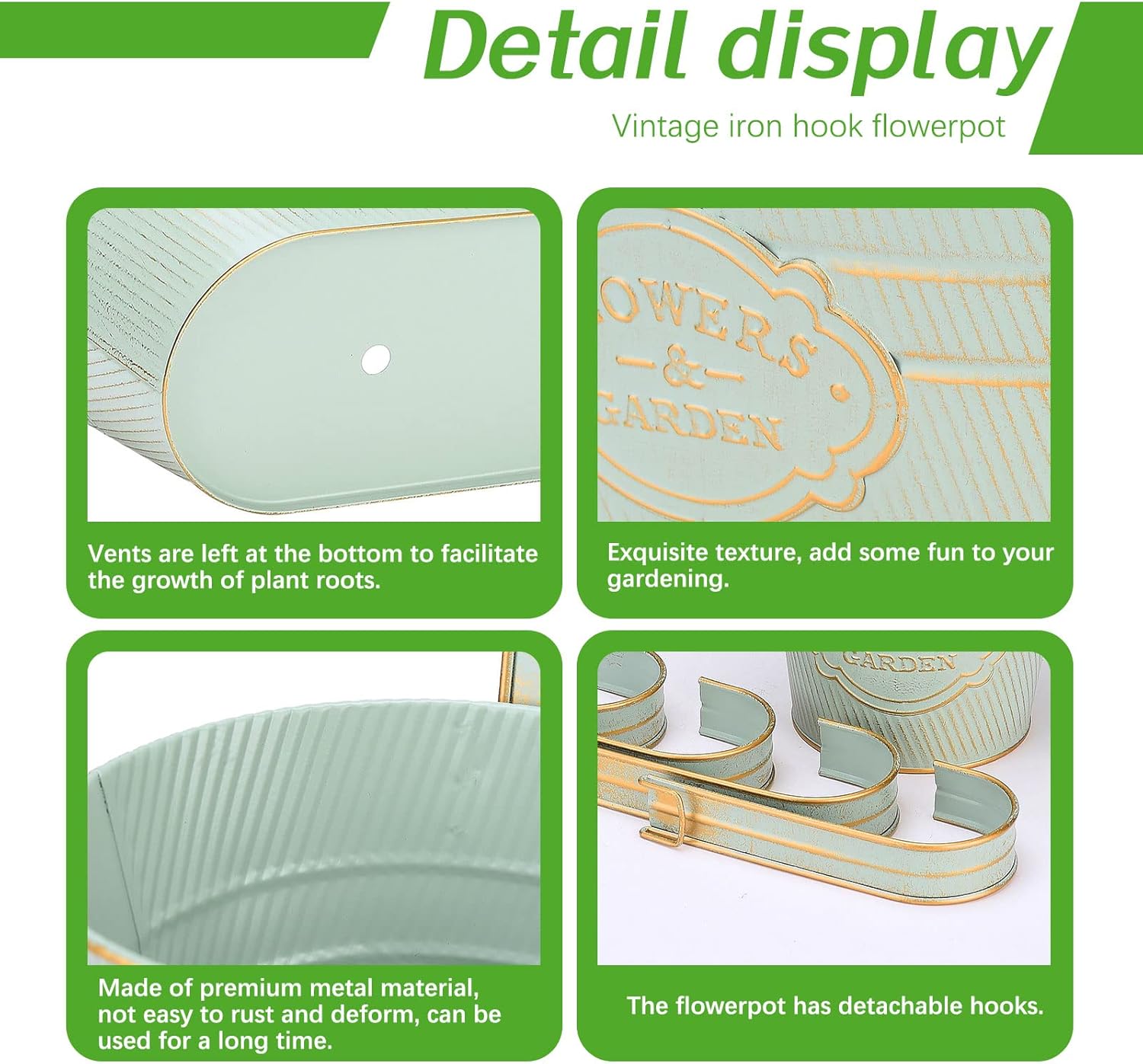 PerGar Vintage Metal Iron Wall Hanging Flower Pots, Rustic Planter Bucket Herb Flower Plant Holder with Detachable Hooks & Drainage Hole for Railing Fence Balcony Deck Garden Home Decoration, Set of 3-VerdiqueGarden