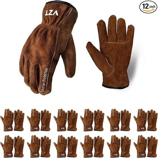 12 Pairs Bulk Leather Work Gloves for Men or Women for Gardening, Construction, Truck, Driving, Farm, Ranch, Woodworker, Soft, Cowhide Thickened, Water Resistant, Brown, Medium-VerdiqueGarden