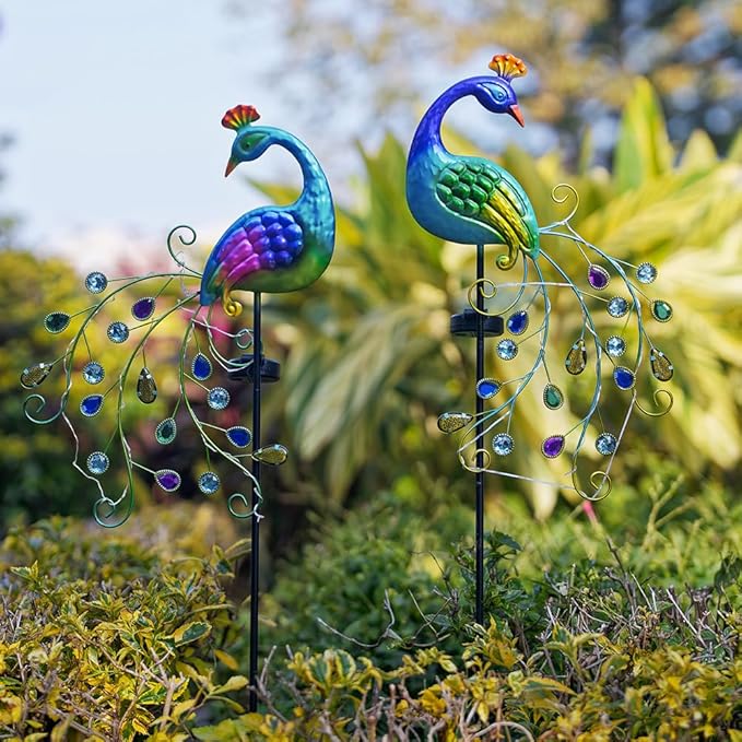 DREAMSOUL 2 Pack Peacock Solar Lights Outdoor, Waterproof Metal Peacock Outdoor Solar Lights for Yards Pathway Lawn Decoration Peacock Gifts-VerdiqueGarden