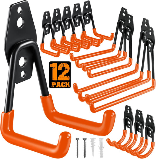 12 Pack Garage Hooks Heavy Duty Utility Steel with Anti-Slip Coating Wall Mount Storage Organizer for Hanging Power and Garden Tools, Ladders, Hose, Bikes, Ropes, Bulk Items, and More-VerdiqueGarden