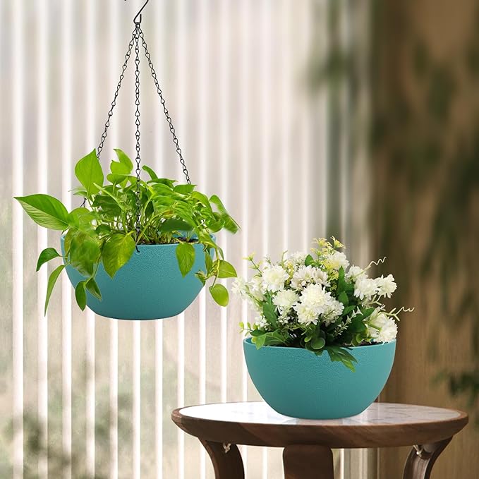 12 inch Large Hanging Planters for Indoor Outdoor Plants, 2 Pack Hanging Flower Plant Pots with Drainage Holes and Chain for Garden Porch, Plastic Hanging Baskets for House Plants, Blue Green-VerdiqueGarden